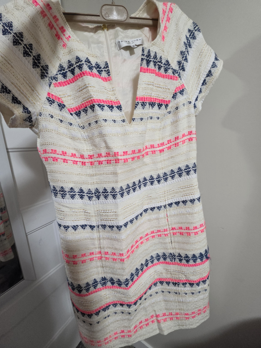Trina Turk Cream Shift Dress with Neon Pink & Navy Stripes Size 8